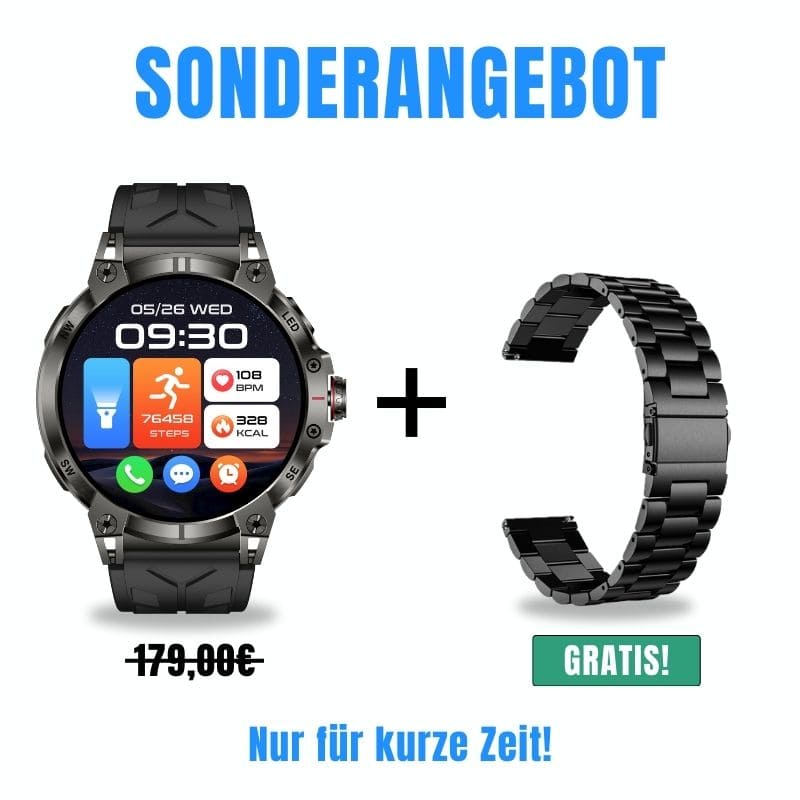STONE – GPS SMARTWATCH®:
Extrem robuste Smartwatch mit großem 1,85" Display, integrierter GPS-Funktion, Anruffunktion sowie Benachrichtigungen von WhatsApp, Instagram und Facebook.
Mit bis zu 30 Tagen Akkulaufzeit, Weltuhr mit Wetteranzeige, SOS-Notruftaste, Kompass und Zyklus-Tracking – perfekt für Alltag, Abenteuer und Gesundheit.