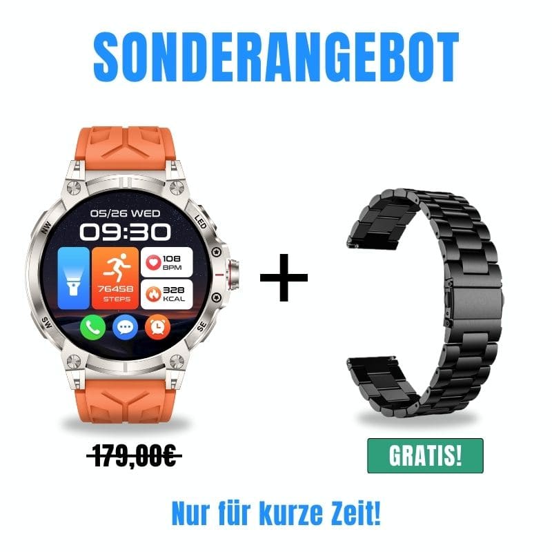 STONE – GPS SMARTWATCH®:
Extrem robuste Smartwatch mit großem 1,85" Display, integrierter GPS-Funktion, Anruffunktion sowie Benachrichtigungen von WhatsApp, Instagram und Facebook.
Mit bis zu 30 Tagen Akkulaufzeit, Weltuhr mit Wetteranzeige, SOS-Notruftaste, Kompass und Zyklus-Tracking – perfekt für Alltag, Abenteuer und Gesundheit.