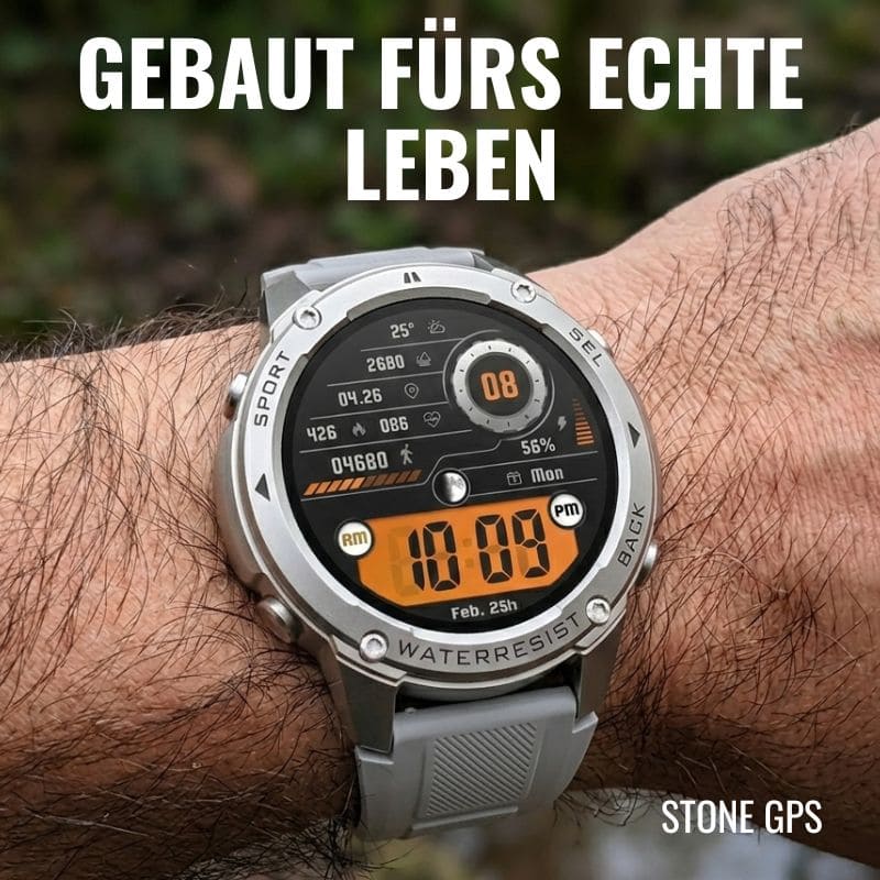 STONE – GPS SMARTWATCH®: Robuste High-End-Smartwatch mit 1,43" HD-Display, integrierter GPS-Funktion, Anruffunktion und Benachrichtigungen von WhatsApp, Instagram & Facebook. Bis zu 21 Tage Akkulaufzeit, Weltuhr, Wetteranzeige, SOS-Notruftaste, Kompass und Zyklus-Tracking – ideal für Alltag, Arbeit, Abenteuer und Gesundheit.