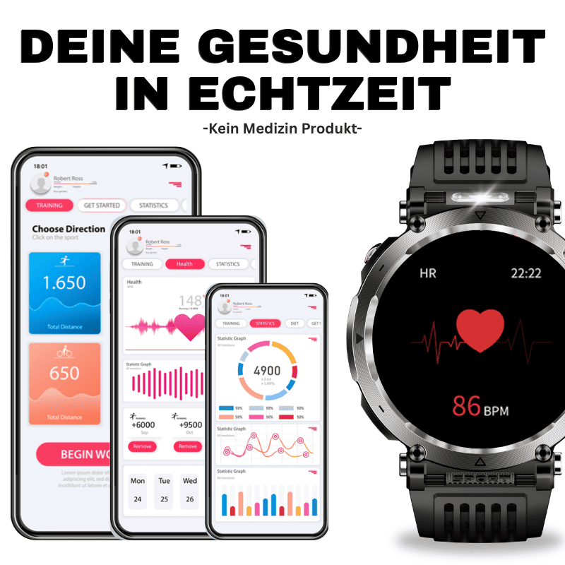 Stone Smartwatch® – extrem robuste Smartwatch mit Anruffunktion, WhatsApp-Benachrichtigungen, bis zu 21 Tagen Akkulaufzeit, Instagram- und Facebook-Benachrichtigungen, SOS-Notruftaste und integriertem Kompass.
