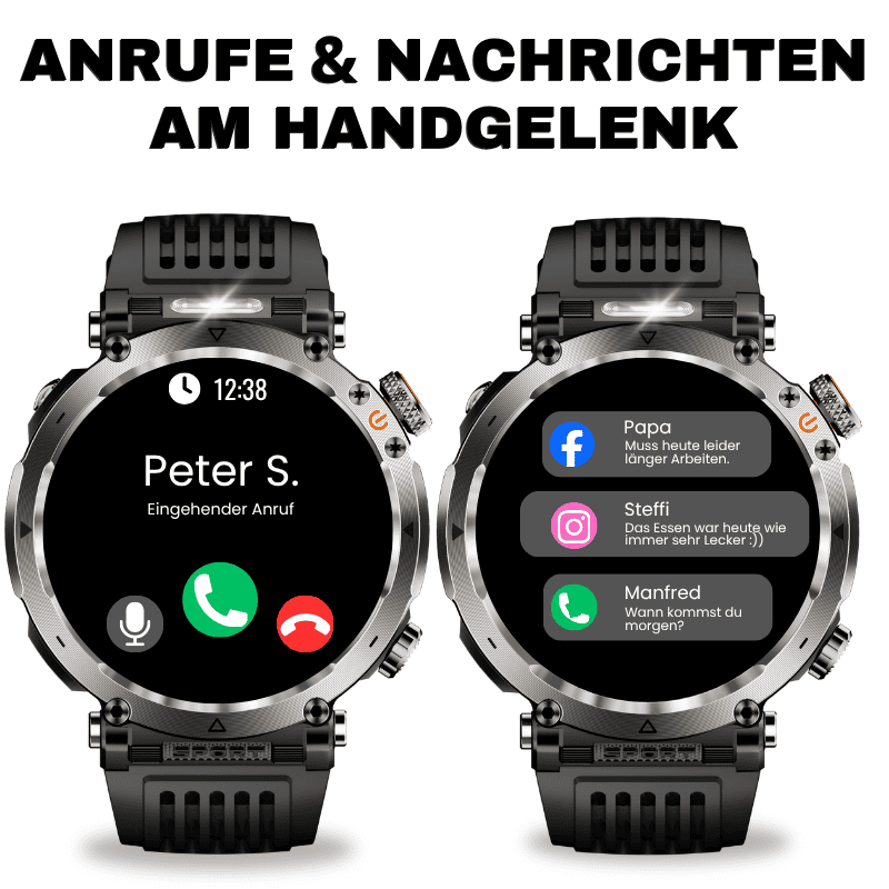 Stone Smartwatch® – extrem robuste Smartwatch mit Anruffunktion, WhatsApp-Benachrichtigungen, bis zu 21 Tagen Akkulaufzeit, Instagram- und Facebook-Benachrichtigungen, SOS-Notruftaste und integriertem Kompass.