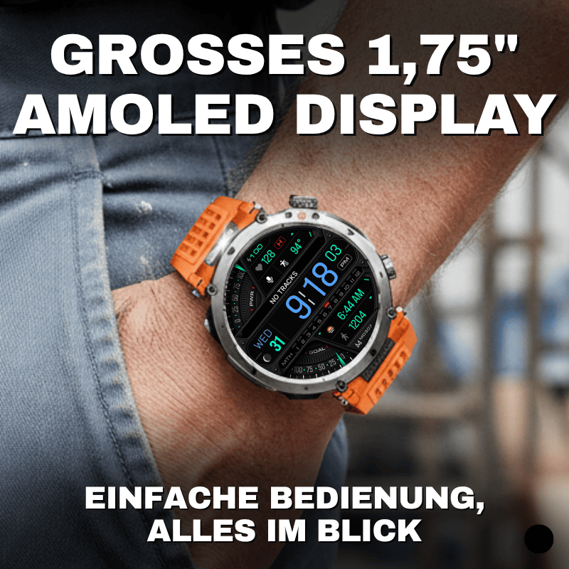 Stone Smartwatch® – extrem robuste Smartwatch mit Anruffunktion, WhatsApp-Benachrichtigungen, bis zu 21 Tagen Akkulaufzeit, Instagram- und Facebook-Benachrichtigungen, SOS-Notruftaste und integriertem Kompass.
