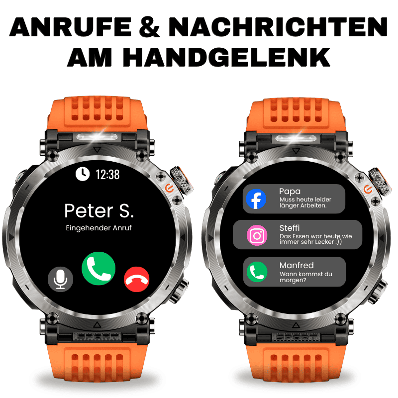Stone Smartwatch® – extrem robuste Smartwatch mit Anruffunktion, WhatsApp-Benachrichtigungen, bis zu 21 Tagen Akkulaufzeit, Instagram- und Facebook-Benachrichtigungen, SOS-Notruftaste und integriertem Kompass.