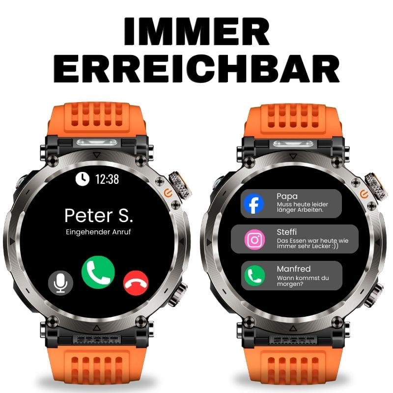 Stone Smartwatch® – extrem robuste Smartwatch mit Anruffunktion, WhatsApp-Benachrichtigungen, bis zu 21 Tagen Akkulaufzeit, Instagram- und Facebook-Benachrichtigungen, SOS-Notruftaste und integriertem Kompass.