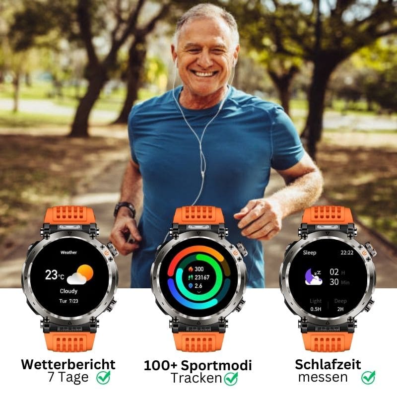 Stone Smartwatch® – extrem robuste Smartwatch mit Anruffunktion, WhatsApp-Benachrichtigungen, bis zu 21 Tagen Akkulaufzeit, Instagram- und Facebook-Benachrichtigungen, SOS-Notruftaste und integriertem Kompass.