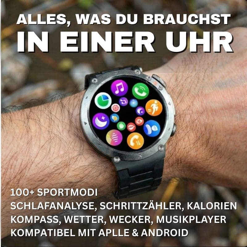 Stone Smartwatch® – extrem robuste Smartwatch mit Anruffunktion, WhatsApp-Benachrichtigungen, bis zu 21 Tagen Akkulaufzeit, Instagram- und Facebook-Benachrichtigungen, SOS-Notruftaste und integriertem Kompass.