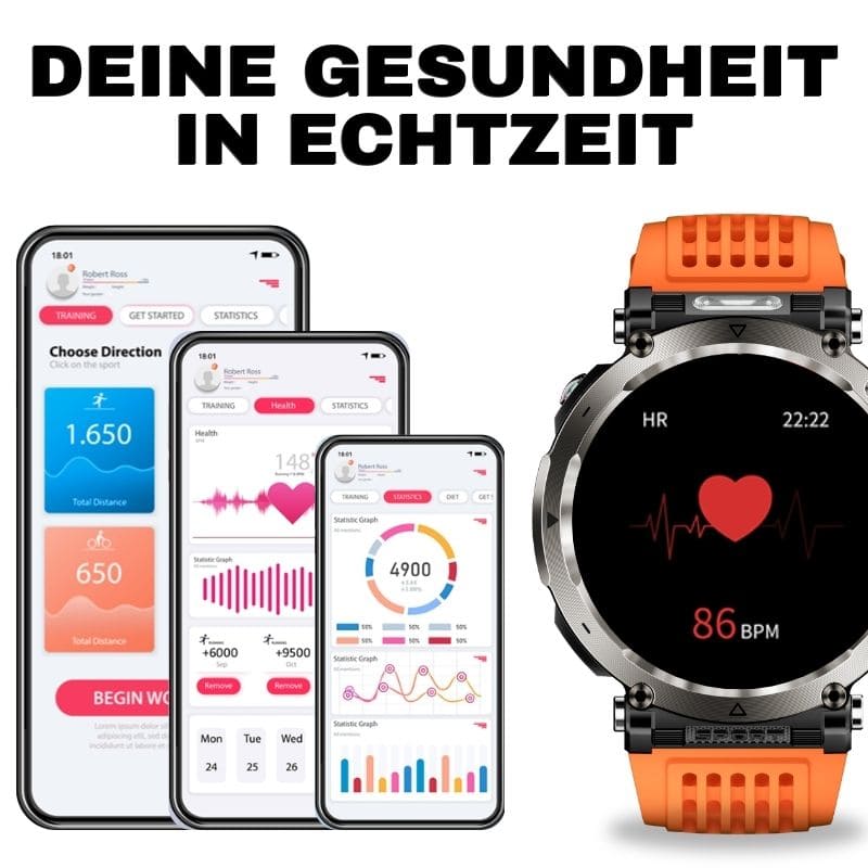 Stone Smartwatch® – extrem robuste Smartwatch mit Anruffunktion, WhatsApp-Benachrichtigungen, bis zu 21 Tagen Akkulaufzeit, Instagram- und Facebook-Benachrichtigungen, SOS-Notruftaste und integriertem Kompass.