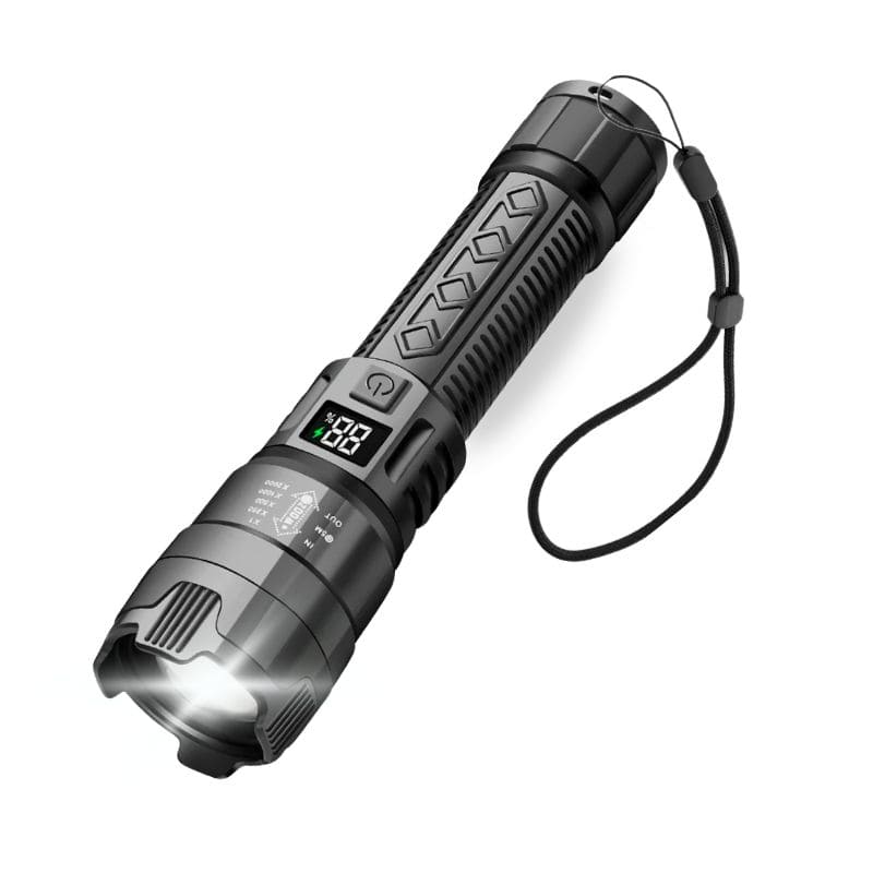 Watchbutton LED Taschenlampe – Frontansicht mit 2000 Lumen / Lichtstärke mit SOS-Lichtmodus für Notfälle