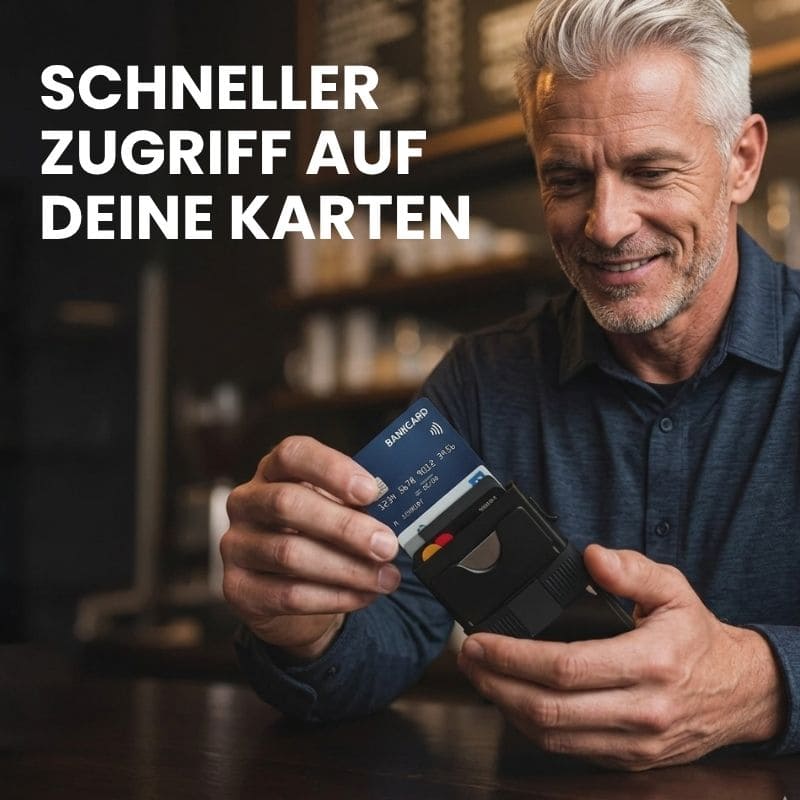 Watchbutton® Core Wallet mit One-Click Kartenzugriff, RFID-Schutz, sicherem Bargeldband und Platz für bis zu 15 Karten