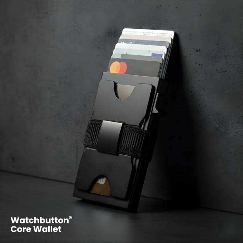 Watchbutton® Core Wallet mit One-Click Kartenzugriff, RFID-Schutz, sicherem Bargeldband und Platz für bis zu 15 Karten