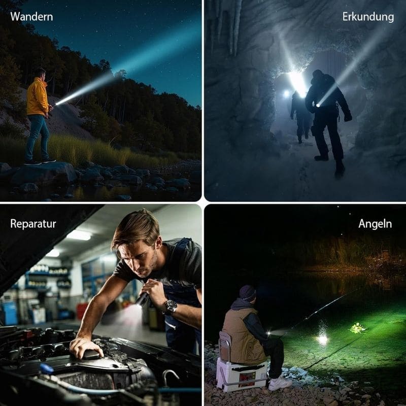 Watchbutton LED Taschenlampe – Frontansicht mit 2000 Lumen / Lichtstärke mit SOS-Lichtmodus für Notfälle