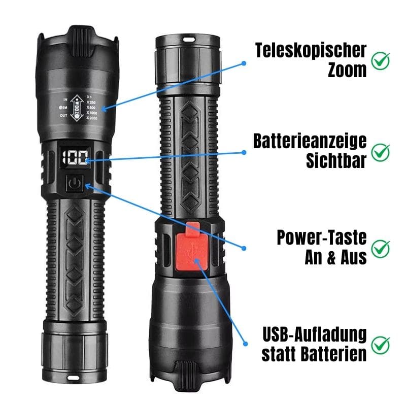 Watchbutton LED Taschenlampe – Frontansicht mit 2000 Lumen / Lichtstärke mit SOS-Lichtmodus für Notfälle