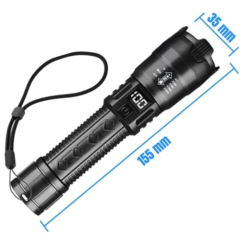 Watchbutton LED Taschenlampe – Frontansicht mit 2000 Lumen / Lichtstärke mit SOS-Lichtmodus für Notfälle