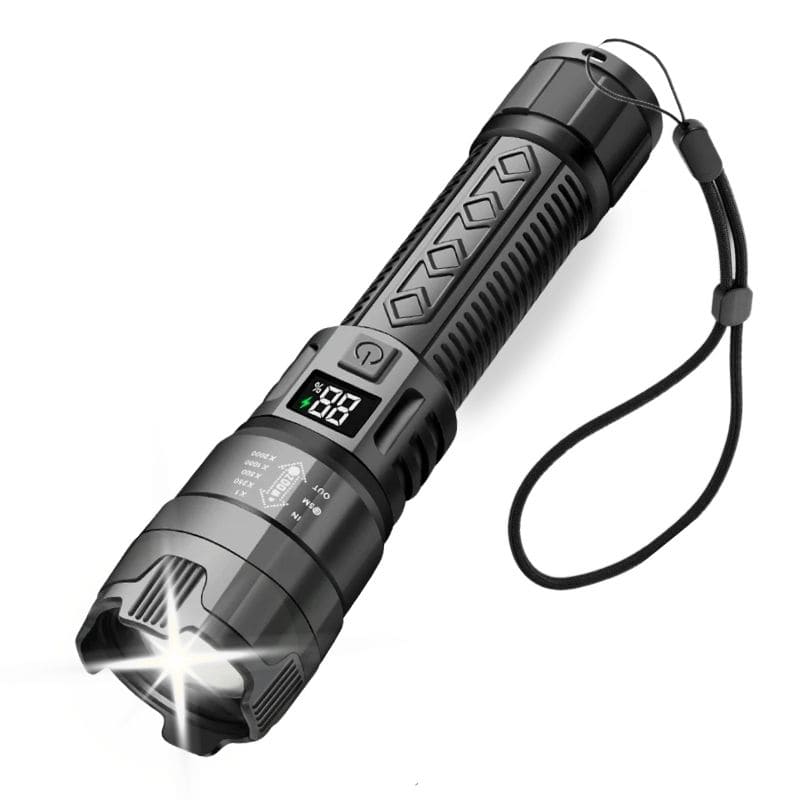 Watchbutton LED Taschenlampe – Frontansicht mit 2000 Lumen / Lichtstärke mit SOS-Lichtmodus für Notfälle
