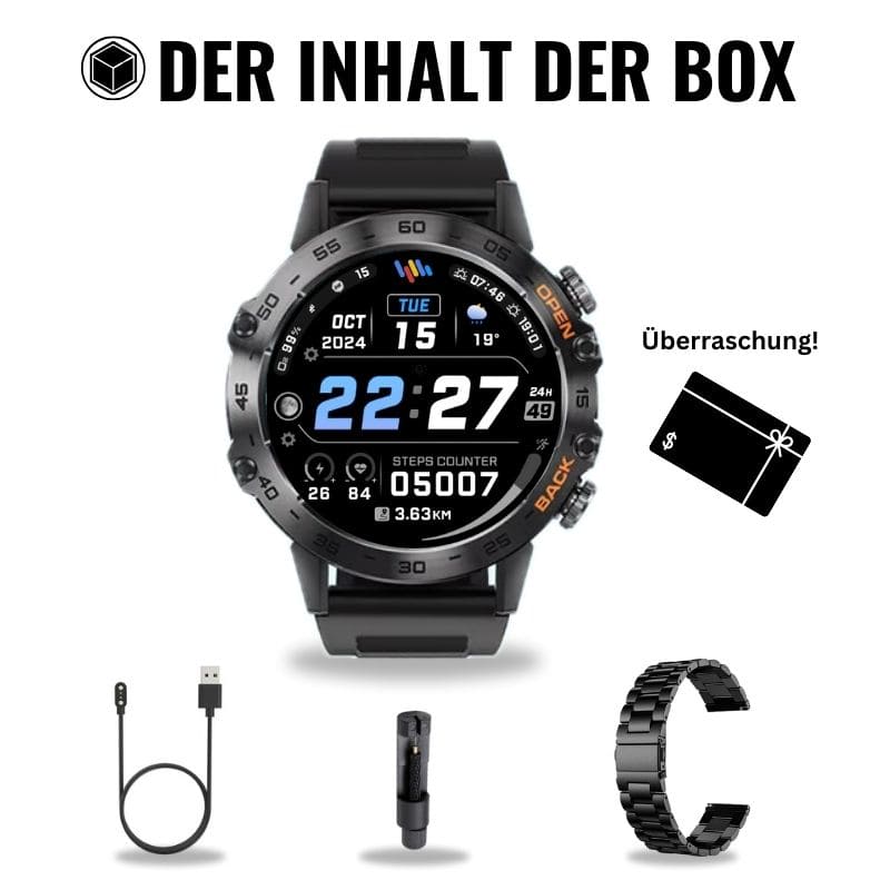 Stone Smartwatch® – extrem robuste Smartwatch mit Anruffunktion, WhatsApp-Benachrichtigungen, bis zu 21 Tagen Akkulaufzeit, Instagram- und Facebook-Benachrichtigungen, SOS-Notruftaste und integriertem Kompass.