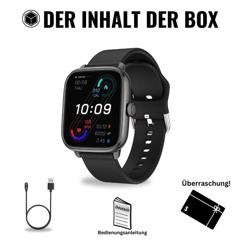 Box-Inhalt der Hyper Smartwatch: Smartwatch, magnetisches Ladegerät, gratis Silikonarmband und ein Überraschungsgeschenk.