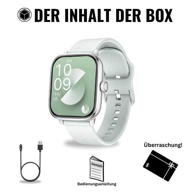 Box-Inhalt der Hyper Smartwatch: Smartwatch, magnetisches Ladegerät, gratis Silikonarmband und ein Überraschungsgeschenk.