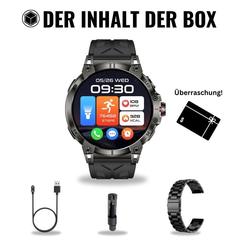 STONE – GPS SMARTWATCH®:
Extrem robuste Smartwatch mit großem 1,85" Display, integrierter GPS-Funktion, Anruffunktion sowie Benachrichtigungen von WhatsApp, Instagram und Facebook.
Mit bis zu 30 Tagen Akkulaufzeit, Weltuhr mit Wetteranzeige, SOS-Notruftaste, Kompass und Zyklus-Tracking – perfekt für Alltag, Abenteuer und Gesundheit.