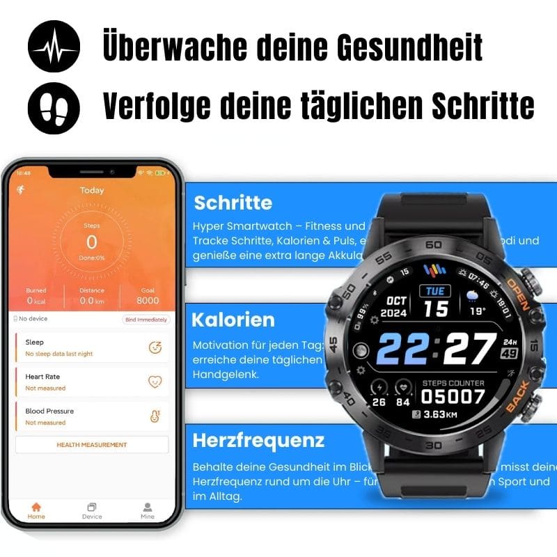 Hyper Smartwatch-Pro® – extrem robuste Smartwatch mit Anruffunktion, WhatsApp-Benachrichtigungen, bis zu 14 Tagen Akkulaufzeit, Instagram- und Facebook-Benachrichtigungen.