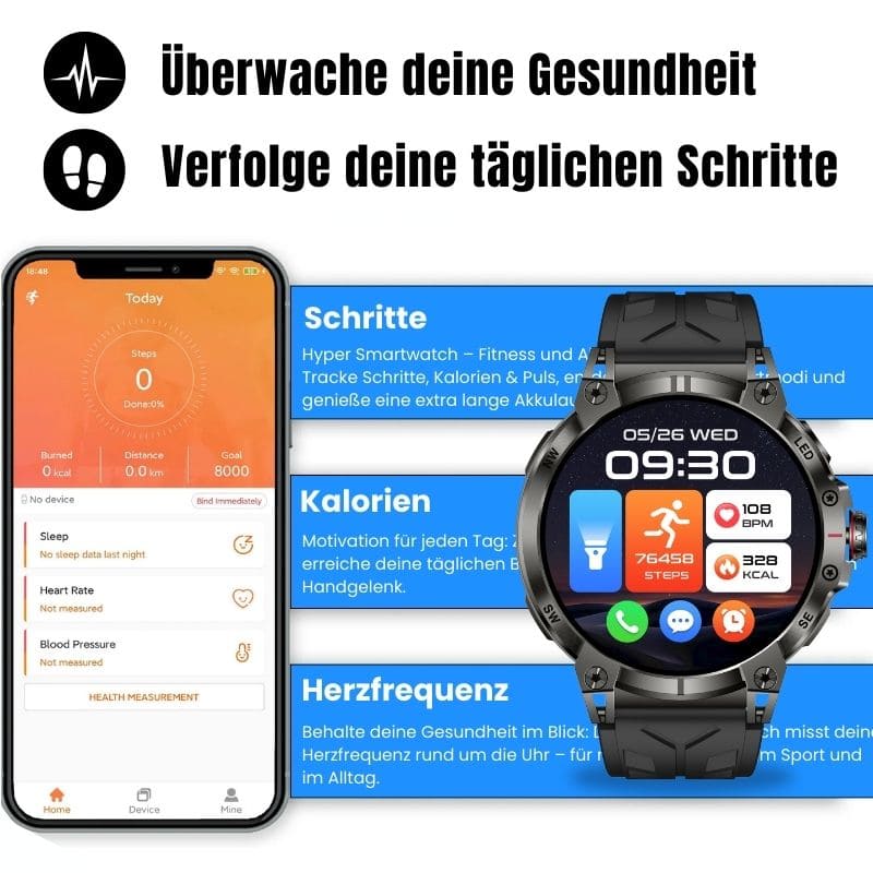 STONE – GPS SMARTWATCH®:
Extrem robuste Smartwatch mit großem 1,85" Display, integrierter GPS-Funktion, Anruffunktion sowie Benachrichtigungen von WhatsApp, Instagram und Facebook.
Mit bis zu 30 Tagen Akkulaufzeit, Weltuhr mit Wetteranzeige, SOS-Notruftaste, Kompass und Zyklus-Tracking – perfekt für Alltag, Abenteuer und Gesundheit.