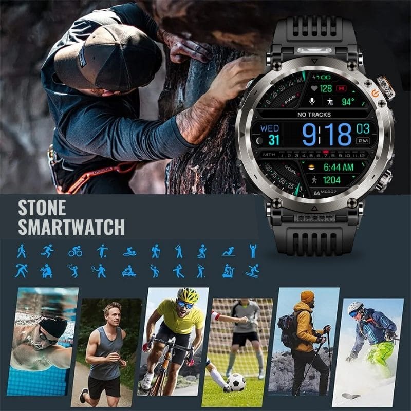 Stone Smartwatch® – extrem robuste Smartwatch mit Anruffunktion, WhatsApp-Benachrichtigungen, bis zu 21 Tagen Akkulaufzeit, Instagram- und Facebook-Benachrichtigungen, SOS-Notruftaste und integriertem Kompass.