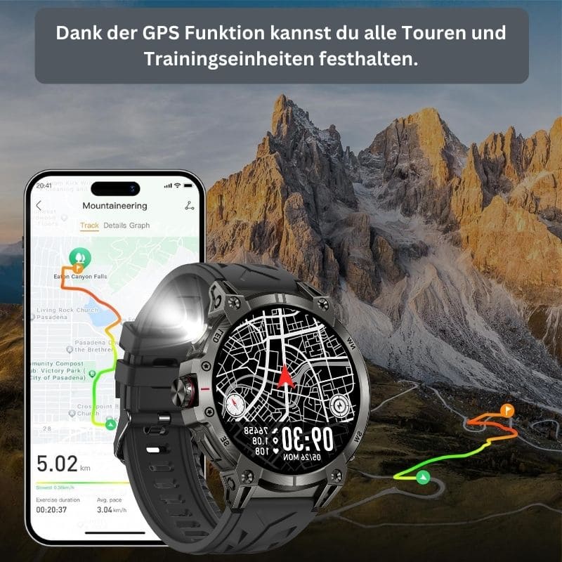 STONE – GPS SMARTWATCH®:
Extrem robuste Smartwatch mit großem 1,85" Display, integrierter GPS-Funktion, Anruffunktion sowie Benachrichtigungen von WhatsApp, Instagram und Facebook.
Mit bis zu 30 Tagen Akkulaufzeit, Weltuhr mit Wetteranzeige, SOS-Notruftaste, Kompass und Zyklus-Tracking – perfekt für Alltag, Abenteuer und Gesundheit.