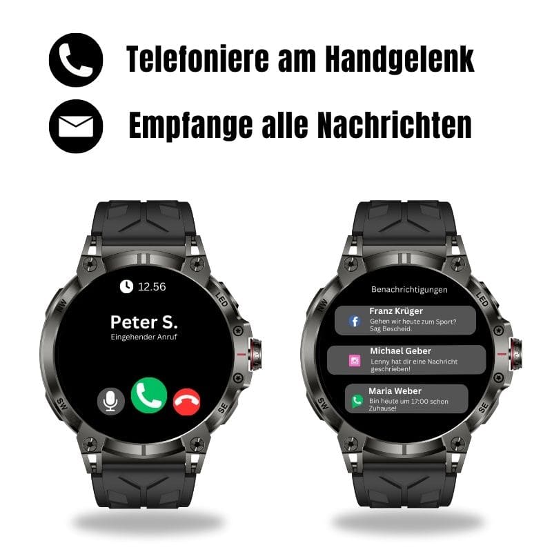 STONE – GPS SMARTWATCH®:
Extrem robuste Smartwatch mit großem 1,85" Display, integrierter GPS-Funktion, Anruffunktion sowie Benachrichtigungen von WhatsApp, Instagram und Facebook.
Mit bis zu 30 Tagen Akkulaufzeit, Weltuhr mit Wetteranzeige, SOS-Notruftaste, Kompass und Zyklus-Tracking – perfekt für Alltag, Abenteuer und Gesundheit.
