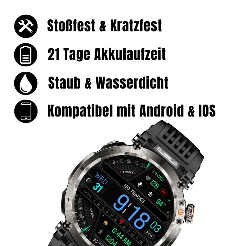 Stone Smartwatch® – extrem robuste Smartwatch mit Anruffunktion, WhatsApp-Benachrichtigungen, bis zu 21 Tagen Akkulaufzeit, Instagram- und Facebook-Benachrichtigungen, SOS-Notruftaste und integriertem Kompass.
