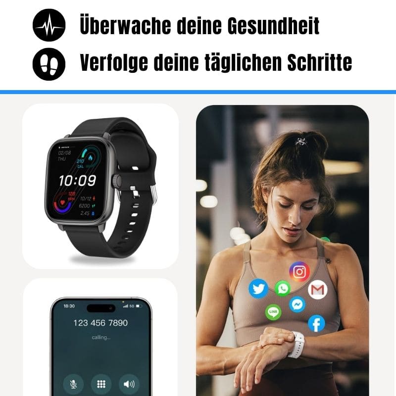 Die Hyper Smartwatch – dein smarter Fitness-Begleiter für den Alltag.
Mit Schrittzähler, Kalorien- und Herzfrequenz-Tracking, langer Akkulaufzeit und über 100 Sportmodi bleibst du aktiv und organisiert – jeden Tag!
