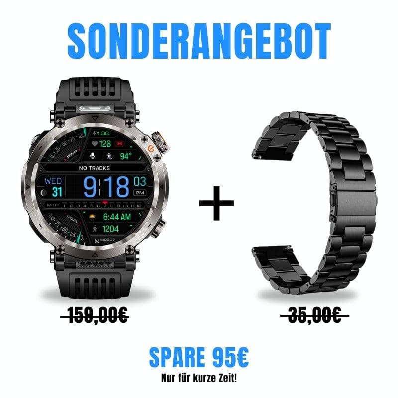 Stone Smartwatch® – extrem robuste Smartwatch mit Anruffunktion, WhatsApp-Benachrichtigungen, bis zu 21 Tagen Akkulaufzeit, Instagram- und Facebook-Benachrichtigungen, SOS-Notruftaste und integriertem Kompass.