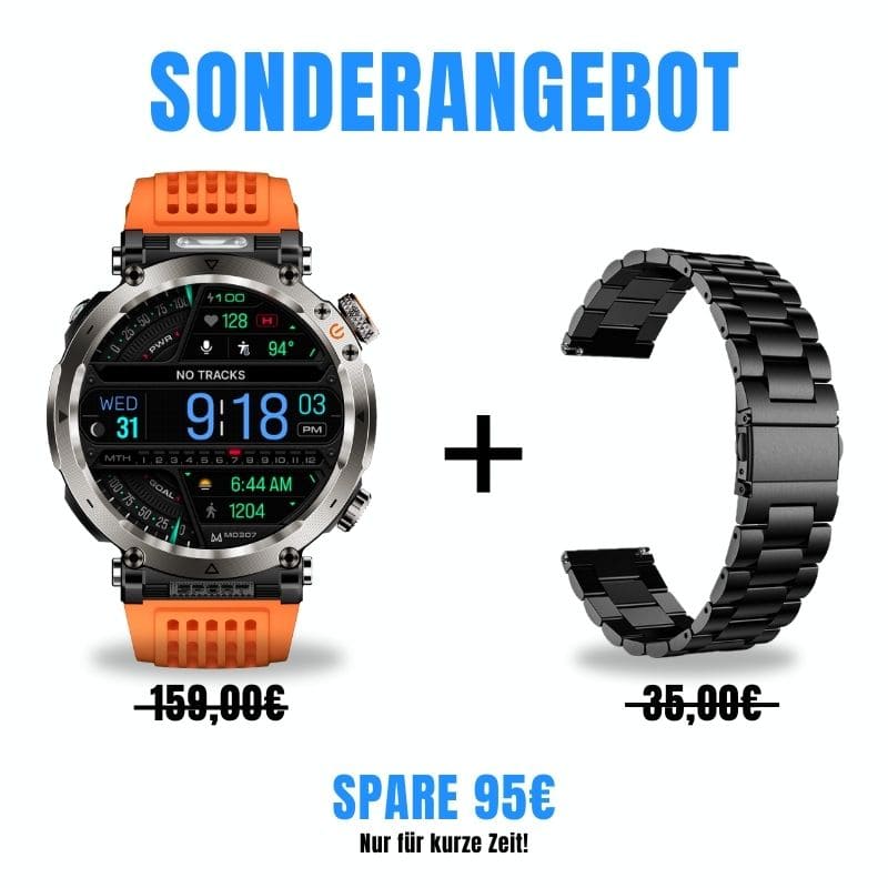 Stone Smartwatch® – extrem robuste Smartwatch mit Anruffunktion, WhatsApp-Benachrichtigungen, bis zu 21 Tagen Akkulaufzeit, Instagram- und Facebook-Benachrichtigungen, SOS-Notruftaste und integriertem Kompass.