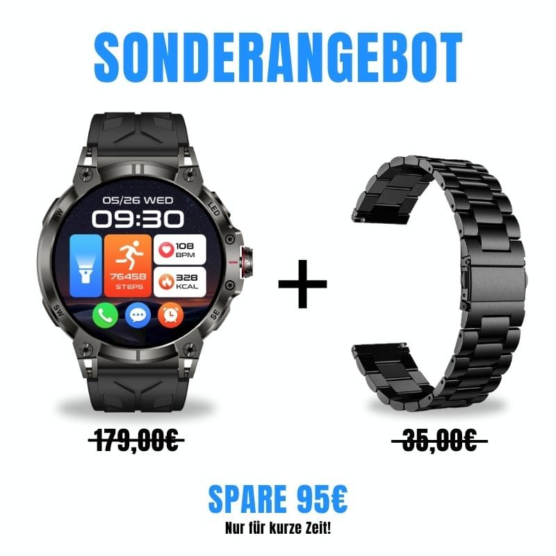 STONE – GPS SMARTWATCH®:
Extrem robuste Smartwatch mit großem 1,85" Display, integrierter GPS-Funktion, Anruffunktion sowie Benachrichtigungen von WhatsApp, Instagram und Facebook.
Mit bis zu 30 Tagen Akkulaufzeit, Weltuhr mit Wetteranzeige, SOS-Notruftaste, Kompass und Zyklus-Tracking – perfekt für Alltag, Abenteuer und Gesundheit.