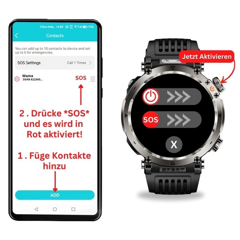 Stone Smartwatch® – extrem robuste Smartwatch mit Anruffunktion, WhatsApp-Benachrichtigungen, bis zu 21 Tagen Akkulaufzeit, Instagram- und Facebook-Benachrichtigungen, SOS-Notruftaste und integriertem Kompass.