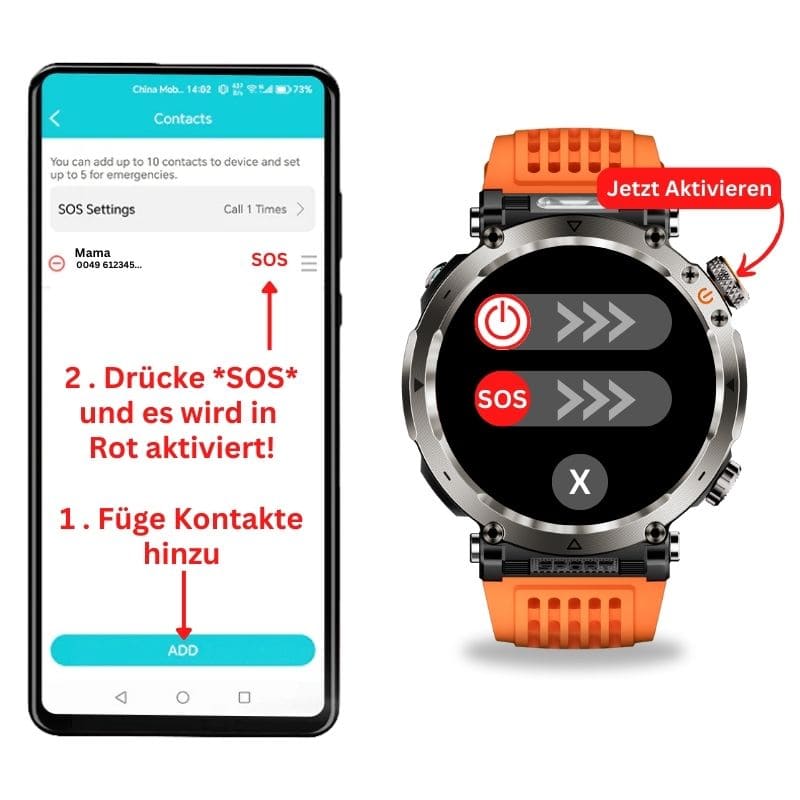 Stone Smartwatch® – extrem robuste Smartwatch mit Anruffunktion, WhatsApp-Benachrichtigungen, bis zu 21 Tagen Akkulaufzeit, Instagram- und Facebook-Benachrichtigungen, SOS-Notruftaste und integriertem Kompass.