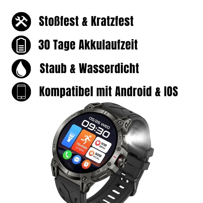 STONE – GPS SMARTWATCH®:
Extrem robuste Smartwatch mit großem 1,85" Display, integrierter GPS-Funktion, Anruffunktion sowie Benachrichtigungen von WhatsApp, Instagram und Facebook.
Mit bis zu 30 Tagen Akkulaufzeit, Weltuhr mit Wetteranzeige, SOS-Notruftaste, Kompass und Zyklus-Tracking – perfekt für Alltag, Abenteuer und Gesundheit.