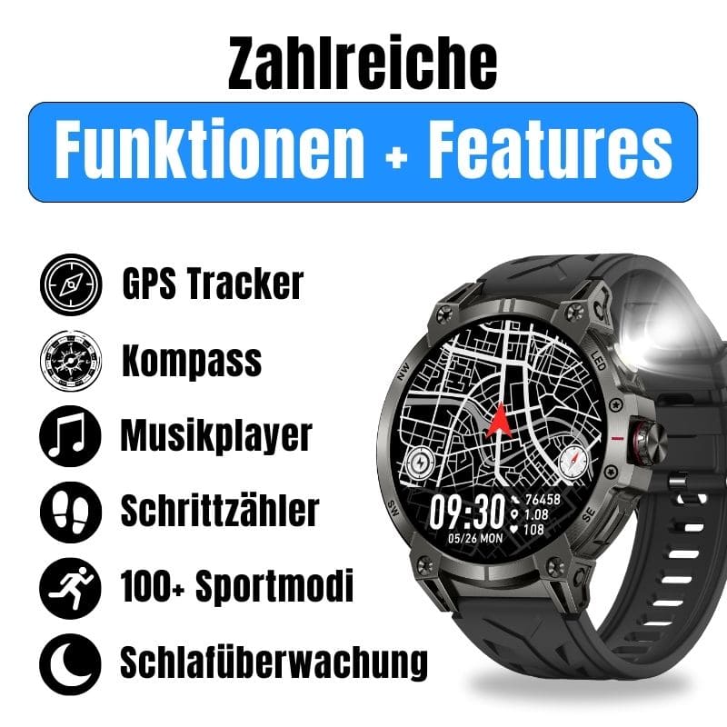 STONE – GPS SMARTWATCH®:
Extrem robuste Smartwatch mit großem 1,85" Display, integrierter GPS-Funktion, Anruffunktion sowie Benachrichtigungen von WhatsApp, Instagram und Facebook.
Mit bis zu 30 Tagen Akkulaufzeit, Weltuhr mit Wetteranzeige, SOS-Notruftaste, Kompass und Zyklus-Tracking – perfekt für Alltag, Abenteuer und Gesundheit.