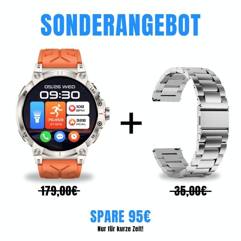 STONE – GPS SMARTWATCH®:
Extrem robuste Smartwatch mit großem 1,85" Display, integrierter GPS-Funktion, Anruffunktion sowie Benachrichtigungen von WhatsApp, Instagram und Facebook.
Mit bis zu 30 Tagen Akkulaufzeit, Weltuhr mit Wetteranzeige, SOS-Notruftaste, Kompass und Zyklus-Tracking – perfekt für Alltag, Abenteuer und Gesundheit.