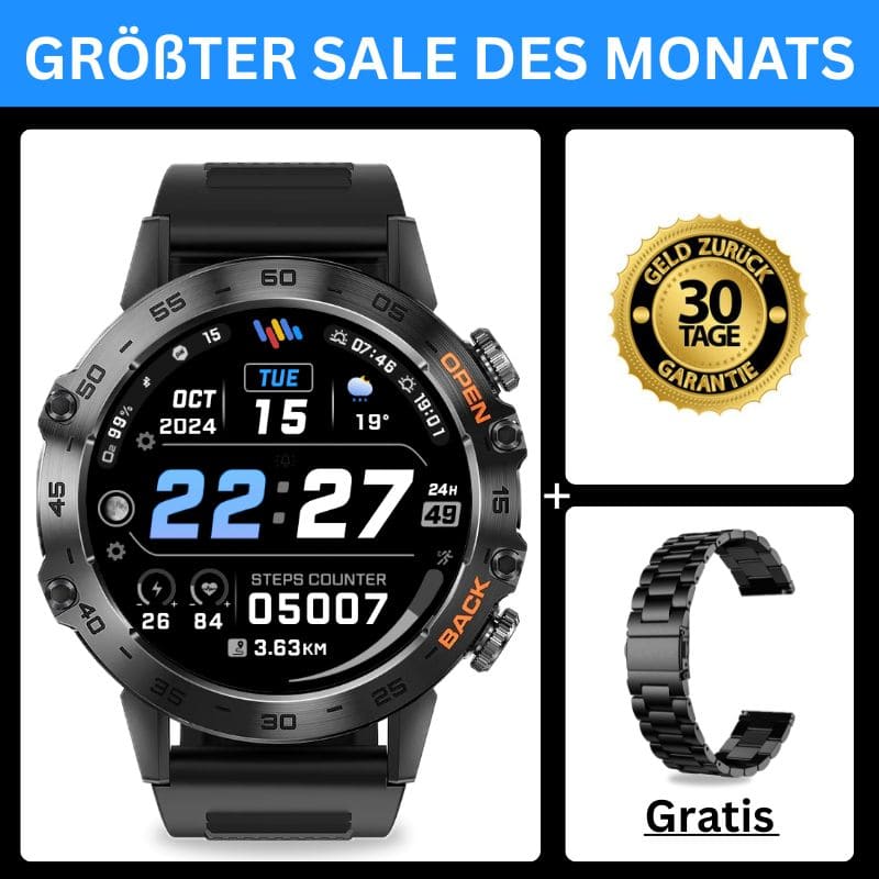 HYPER SMARTWATCH PRO® – alltagstaugliche Smartwatch mit Watchbutton, 14 Tagen Akkulaufzeit, Gesundheitsfunktionen, WhatsApp & Anrufen, robust & wasserfest, inkl. gratis Metall-Armband