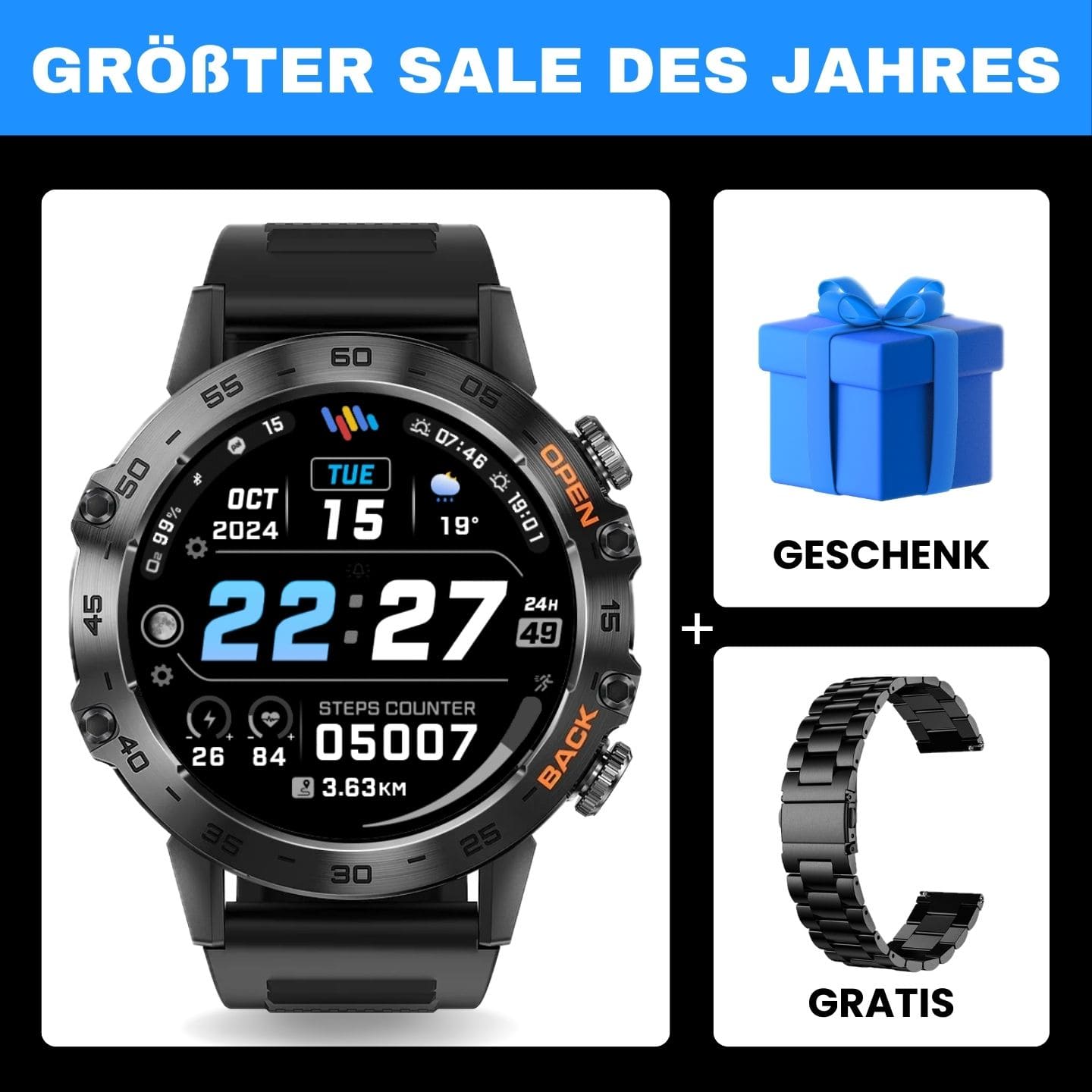 HYPER SMARTWATCH PRO® – alltagstaugliche Smartwatch mit Watchbutton, 14 Tagen Akkulaufzeit, Gesundheitsfunktionen, WhatsApp & Anrufen, robust & wasserfest, inkl. gratis Metall-Armband