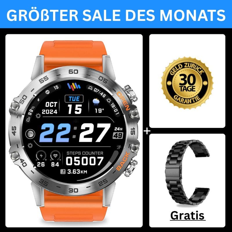 HYPER SMARTWATCH PRO® – alltagstaugliche Smartwatch mit Watchbutton, 14 Tagen Akkulaufzeit, Gesundheitsfunktionen, WhatsApp & Anrufen, robust & wasserfest, inkl. gratis Metall-Armband