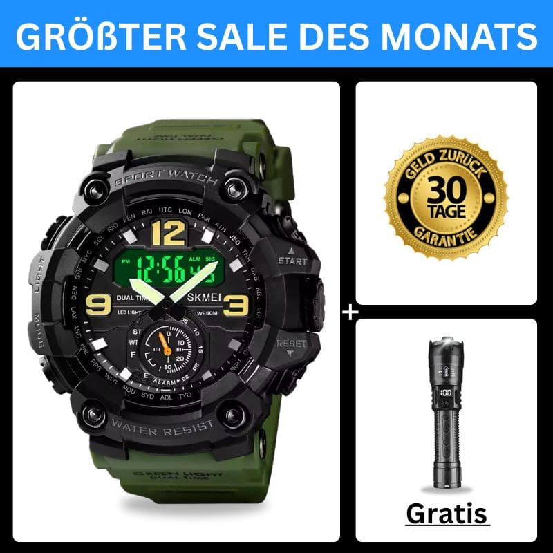 Robuste D-Shock Uhr bei Watchbutton mit stoßfestem Edelstahlgehäuse und kratzfestem Acrylglas für maximale Stabilität im Alltag