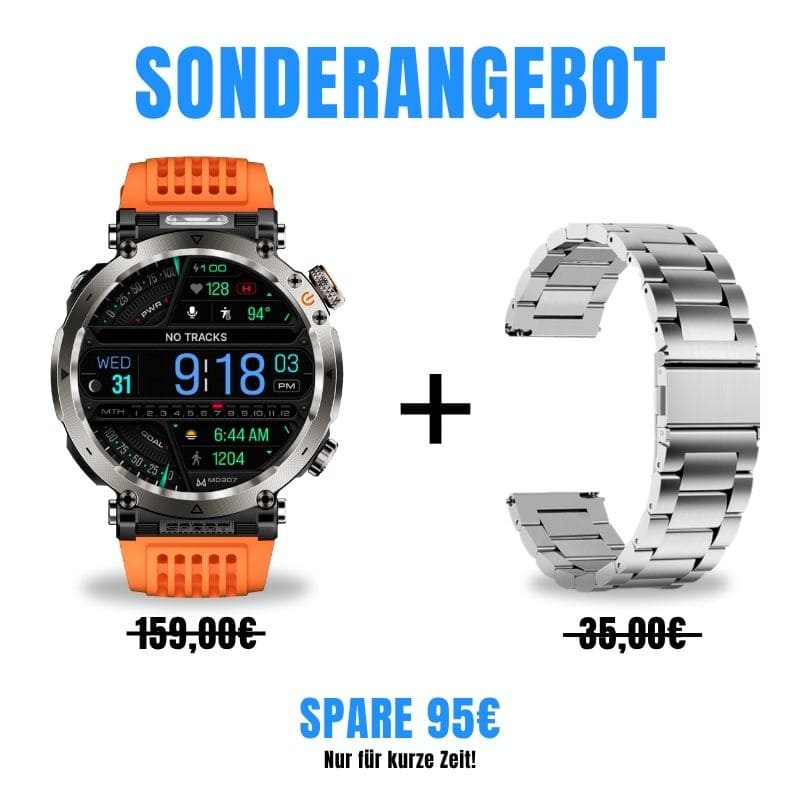Stone Smartwatch® – extrem robuste Smartwatch mit Anruffunktion, WhatsApp-Benachrichtigungen, bis zu 21 Tagen Akkulaufzeit, Instagram- und Facebook-Benachrichtigungen, SOS-Notruftaste und integriertem Kompass.