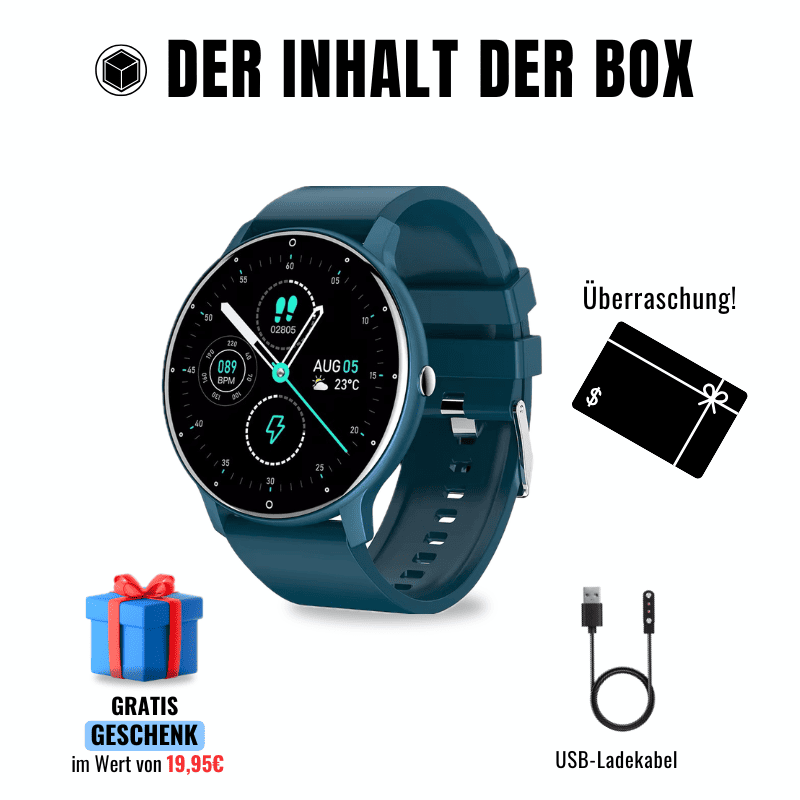 ONDORA – Fit Smartwatch für deinen Alltag
Bis zu 7 Tage Akkulaufzeit, Anrufe direkt über die Uhr, WhatsApp-Benachrichtigungen und smarte Gesundheitsfunktionen wie Schlafanalyse, Schrittzähler und Kalorienübersicht – alles, was du brauchst, an deinem Handgelenk.
Robust, alltagstauglich und geschützt vor Stößen, Staub und Wasser.