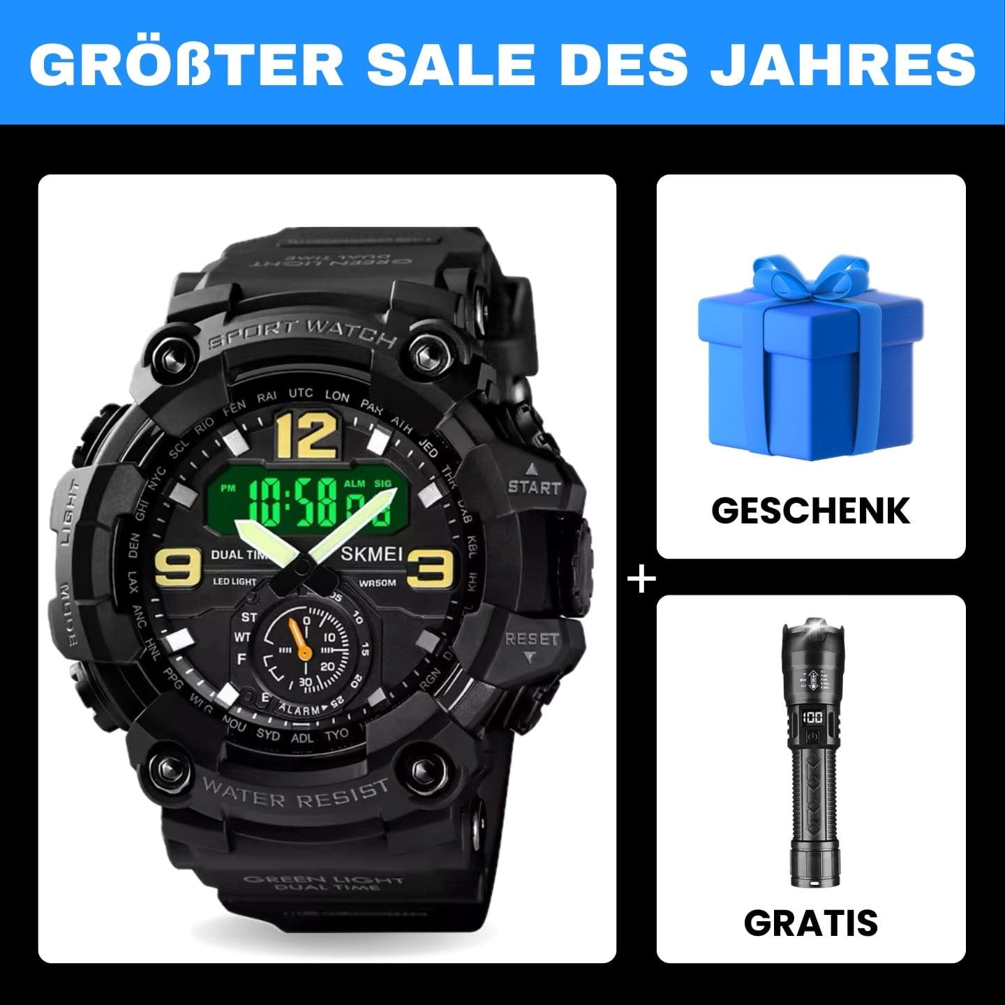 Robuste D-Shock Uhr bei Watchbutton mit stoßfestem Edelstahlgehäuse und kratzfestem Acrylglas für maximale Stabilität im Alltag