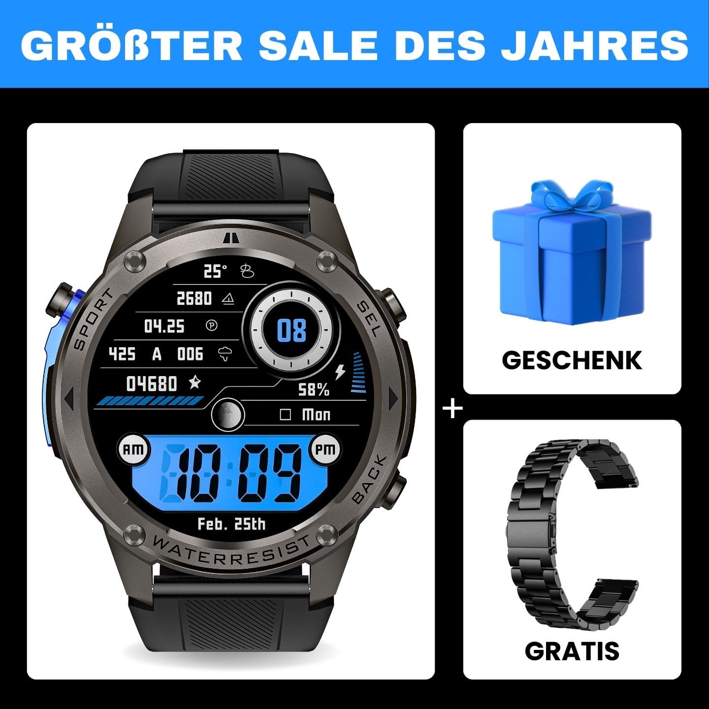 STONE – GPS SMARTWATCH®: Robuste High-End-Smartwatch mit 1,43" HD-Display, integrierter GPS-Funktion, Anruffunktion und Benachrichtigungen von WhatsApp, Instagram & Facebook. Bis zu 21 Tage Akkulaufzeit, Weltuhr, Wetteranzeige, SOS-Notruftaste, Kompass und Zyklus-Tracking – ideal für Alltag, Arbeit, Abenteuer und Gesundheit.