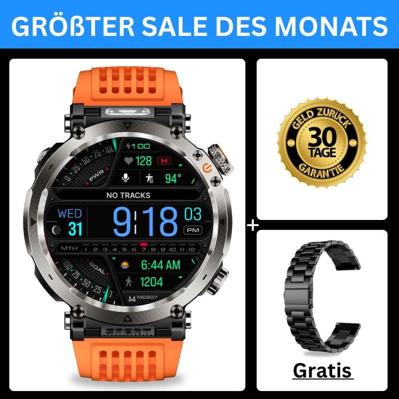 Stone Smartwatch® – extrem robuste Smartwatch mit Anruffunktion, WhatsApp-Benachrichtigungen, bis zu 21 Tagen Akkulaufzeit, Instagram- und Facebook-Benachrichtigungen, SOS-Notruftaste und integriertem Kompass.