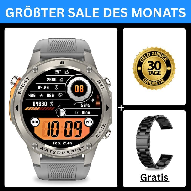 STONE – GPS SMARTWATCH®: Robuste High-End-Smartwatch mit 1,43" HD-Display, integrierter GPS-Funktion, Anruffunktion und Benachrichtigungen von WhatsApp, Instagram & Facebook. Bis zu 21 Tage Akkulaufzeit, Weltuhr, Wetteranzeige, SOS-Notruftaste, Kompass und Zyklus-Tracking – ideal für Alltag, Arbeit, Abenteuer und Gesundheit.