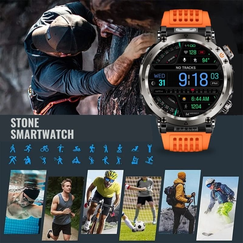 Stone Smartwatch® – extrem robuste Smartwatch mit Anruffunktion, WhatsApp-Benachrichtigungen, bis zu 21 Tagen Akkulaufzeit, Instagram- und Facebook-Benachrichtigungen, SOS-Notruftaste und integriertem Kompass.