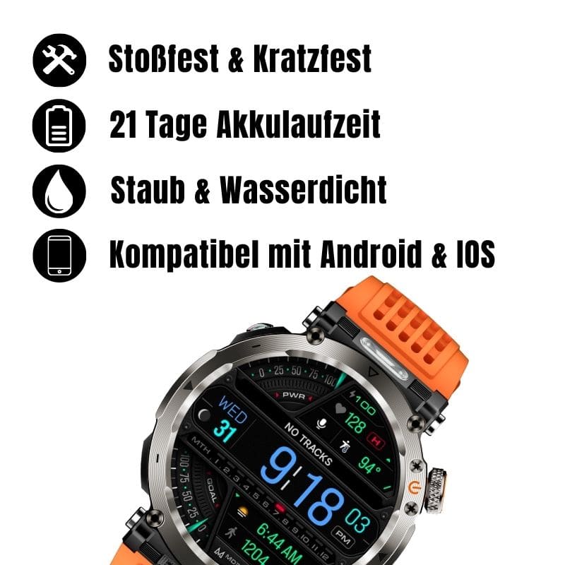 Stone Smartwatch® – extrem robuste Smartwatch mit Anruffunktion, WhatsApp-Benachrichtigungen, bis zu 21 Tagen Akkulaufzeit, Instagram- und Facebook-Benachrichtigungen, SOS-Notruftaste und integriertem Kompass.